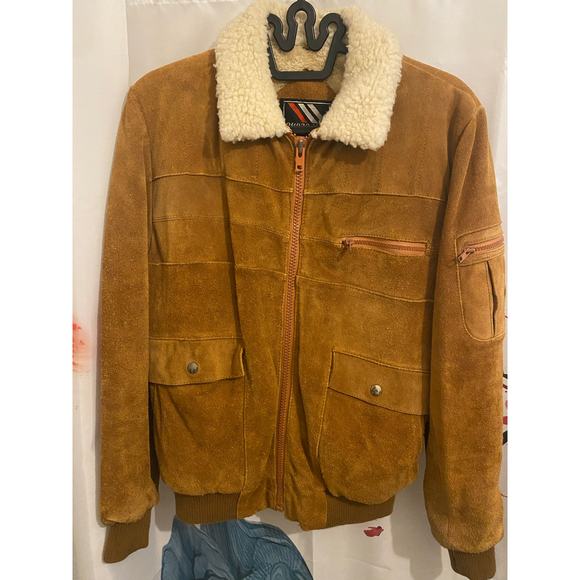 Vintage Chess King Faux Fur Lined Sherpa Collar Suede Leather Bomber Jacket - Picture 1 of 7
